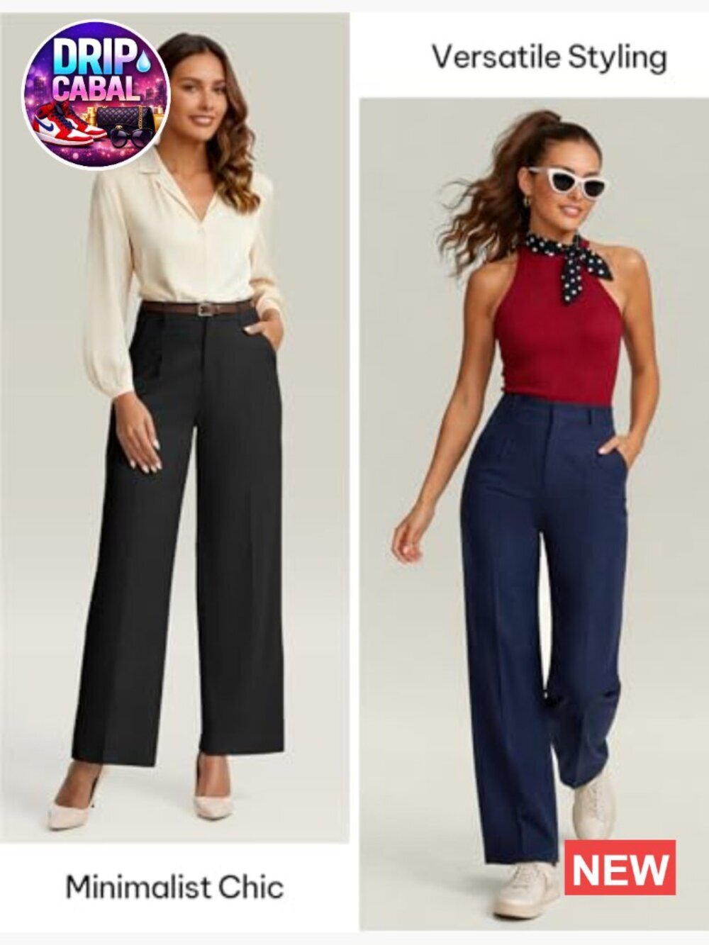 Polyester Blend Wide Leg Dress Pants High Waisted Work Trousers with Pockets - Picture 3 of 7